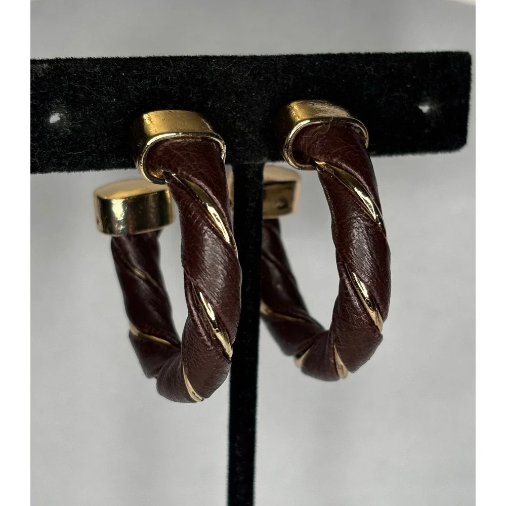 Vintage Dark Brown Faux Leather Gold Tone Twisted Hoop Earrings Post Back